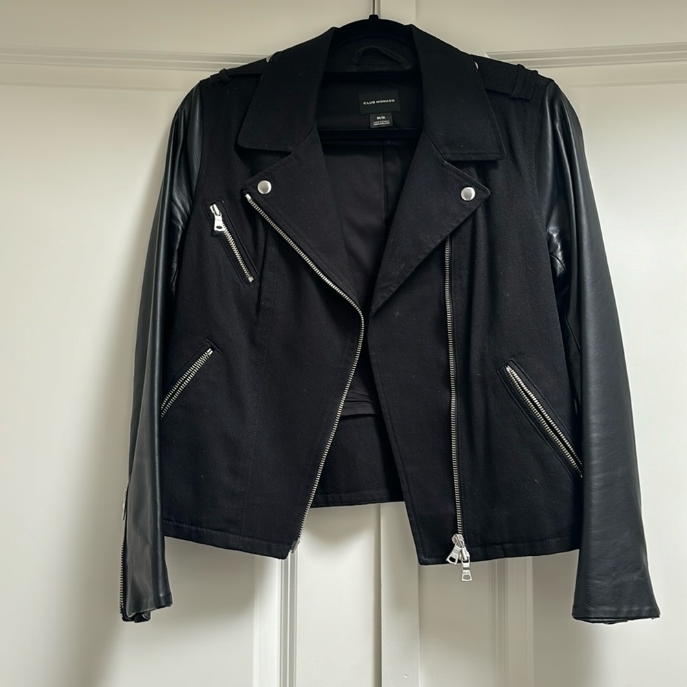 Club Monaco Black biker jacket faux leather sleeves - Medium
